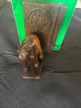 Hand-Carved Wooden Elephant Bookend - Brown